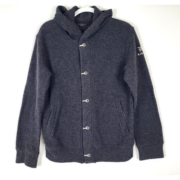 Sisley Wool Hooded Cardigan Sweater Womens Large Metal Clasp Italy Black - Picture 1 of 6